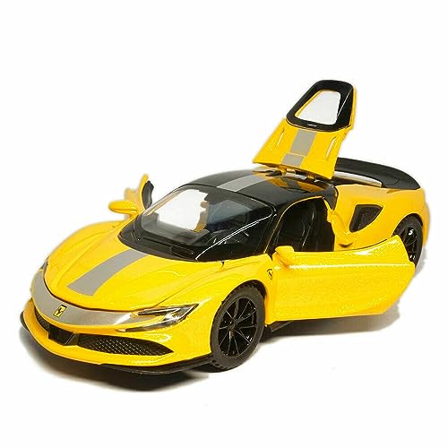Image of 1:32 Diecast Ferrari SF90 Alloy Metal Pull Back Die-Cast Car Scale Model Pullback with Sound Light Mini Auto Toy car for Kids Best Gifts Toys for Kids Boys Yellow