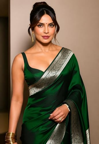 Image of Women's Glory Womens Satin Saree with Silver Woven Border | Elegant Plain Glossy Silk Saree for Party, Wedding, Reception & Festive Style with Unstitched Blouse Piece
