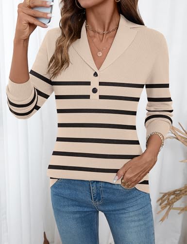 Image of LOMON Sweaters for Women 2025 Fall Knitted V-Neck Collared Button Pullover Dressy Casual Long Sleeve Polo Shirts Business