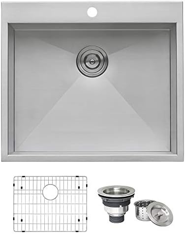 Ruvati RVH8010 Overmount 16 Gauge 25" Kitchen Sink Single Bowl, Stainless Steel