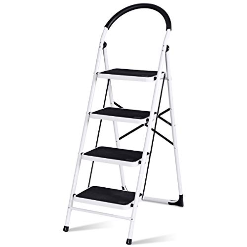 Giantex 4 Step Ladder, Folding Step Stool with Anti-Slip Pedal Platform, Metal Frame, Rubber Hand Grip, 330Lbs Capacity Portable Multipurpose Ladder for Home Kitchen