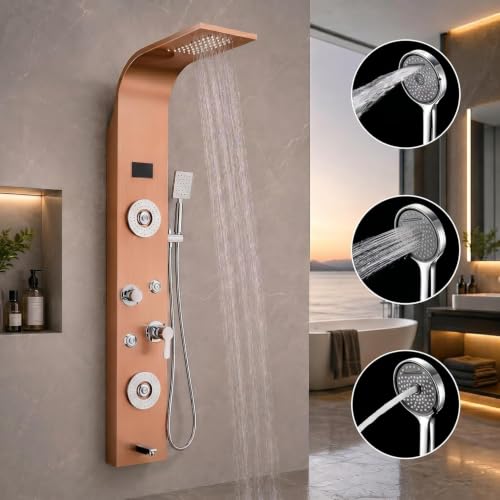 Image of ZeeCry 7 in 1 Full Set Stainless Steel 304 Shower Panel for Bathroom with Hand Shower /Showerhead /Body Massage Jets /Shower System with Hot & Cold Mixer (3 function hand shower) (Rose Gold)