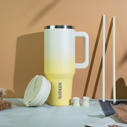 Image of BJPKPK Tumbler With Handle And Straw 30oz Insulated Tumbler Cups With Lid Stainless Steel Travel Coffee Mug,Lemon