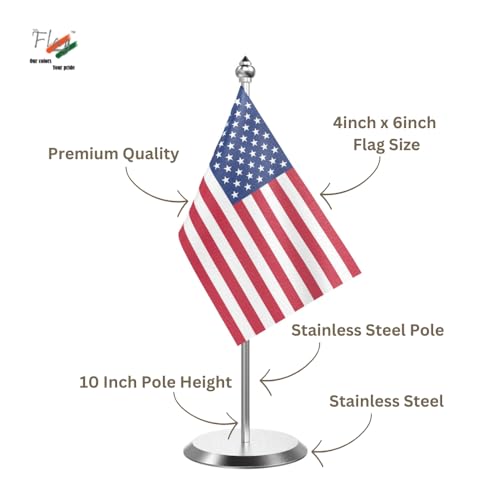 Image of The Flag Company Country Table Flag Single Stainless Steel Stand for Home and Office Desk,Conference (USA)