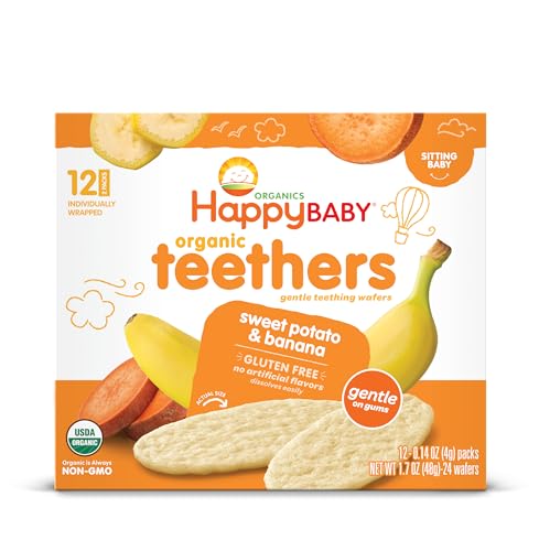 Happy Baby Organic Teethers, Banana and Sweet Potato, Gentle Teething Wafers, Packets, Soothing Rice Cookies for Teething Babies, 2 Count per pack, 12...