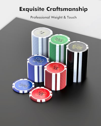 poker chips with denominations 300-pcs 115g weighted numbered casino chips set 5 dice 2 decks with compact aluminum case for texas hold39em blackjack age 8 and plus