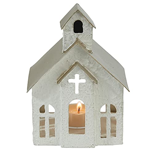 Orchid & Ivy Rustic Textured White Metal Church Tea Light Candle Holder with Cross Cut Out - Decorative House Shaped Tabletop Lantern - Country Farmhouse Religious Christmas Holiday Home Decor