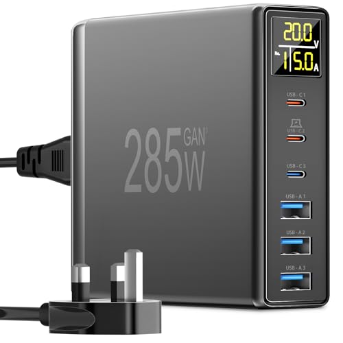 285W USB C Charger, YSYFAD 6 Ports USB Charging Station with Digital LCD Dispaly PD PPS GaN Fast 100W USB C Charger for Macbook Laptops Multi USB Charge USBC Plug for i Phone Pad Samsung, Black