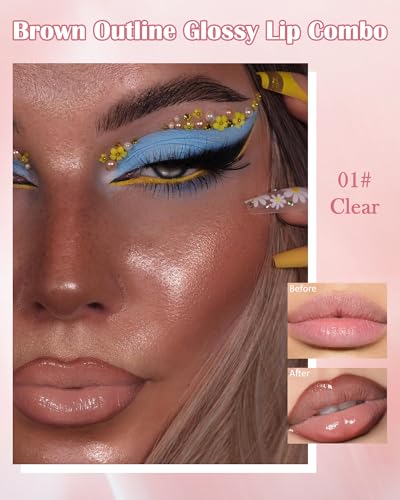Brown Peel Off Lip Liner Stain & Clear Lip Oil Set, Waterproof Long Lasting Tattoo Peel & Reveal Lip Stain Tint, Hydrating Non-Sticky Tinted Lip Gloss Oil, Plumping Glossy Lip Combo Makeup for Women-A