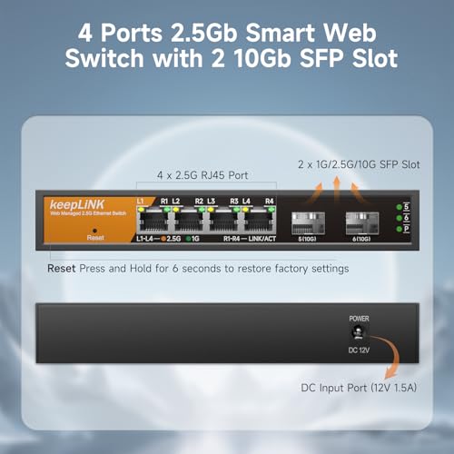 Image of 6 Port 2.5G Smart Web Managed Switch, 4 x 2.5G Base-T Ports, 2 x 10G SFP+ Slots, Support Static Link Aggregation, QoS /VLAN /IGMP, Metal Fanless Multi-Gig Network Ethernet Switch
