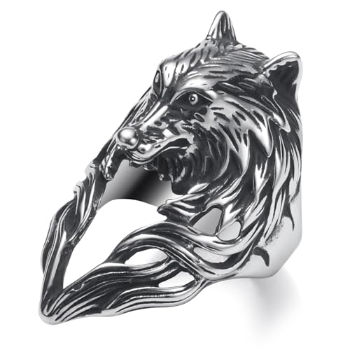Bague loup lion acier homme antiallergique grand format taille Z+1