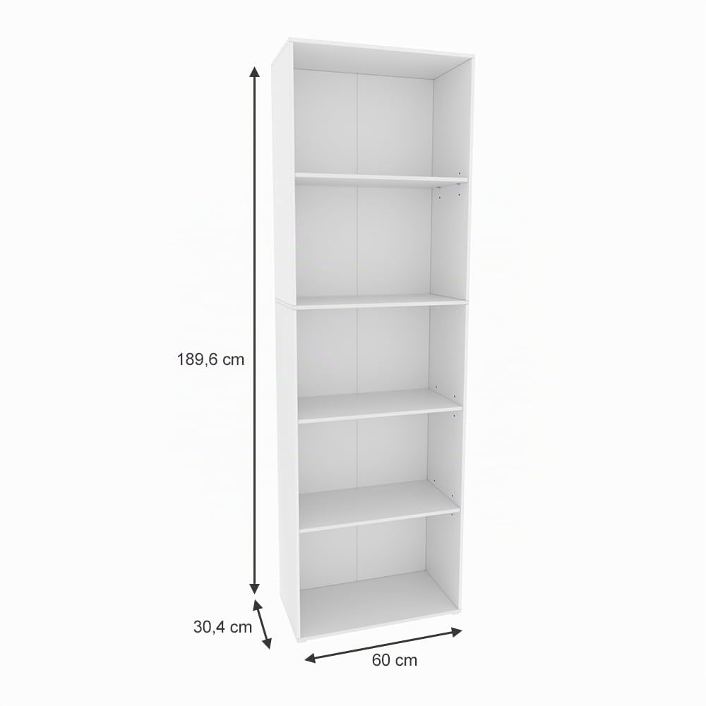 Vicco Librería Bob, Blanco, 60 x 190 cm | con 5 compartimentos, para almacenar y presentar libros y carpetas
