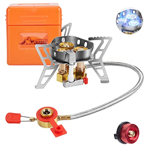 WADEO 6800W Winddichter Campingkocher, Camping-Gaskocher mit Piezo-Zündung und Butan-Adapter, Tragbarer Gaskocher mit 3 Messingdüsen für Wandern, Picknick, Camping, Rucksackreisen