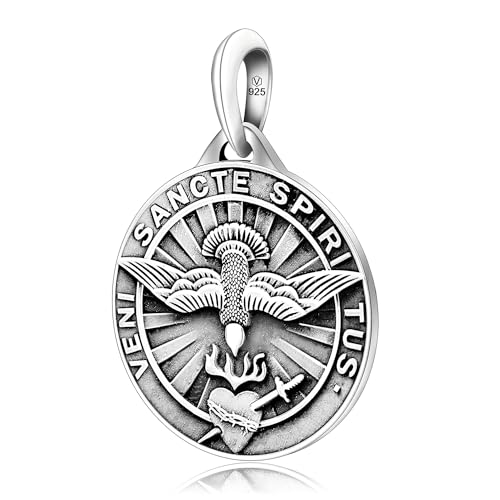 VENICEBEE® Best Holy Spirit Dove Veni Sancte Spiritus Christian Sacramental Sacred Heart Jesus Love, Solid 925 Sterling Silver Pendant Necklace + Velvet Pouch, Polishing Cloth, Fine Gift Box3