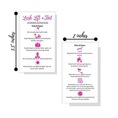 Lash Lift + Tint Aftercare Instruction Cards | 50 Pack | 2 x 3.5 inches Business Card Size | Eyelash Lift and Tint Kit at home diy aftercare supplies | White with Pink Icon Design