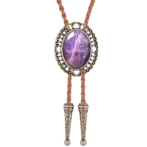 Image of Jeilwiy Bolo Tie for Men Real Stone Westwern Cowboy Ties Silver Bolos Women Leather Necktie Gift for Birthday Christmas