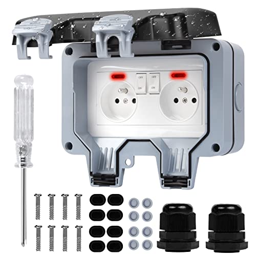 Prise Extérieure étanche Poussière avec Interrupteur et Témoin Lumineux, IP66 Extérieur Prise Murale Double Interrupteur Avec Couvercle Clapet pour Jardin - FR Prise Norme (Prise Double)