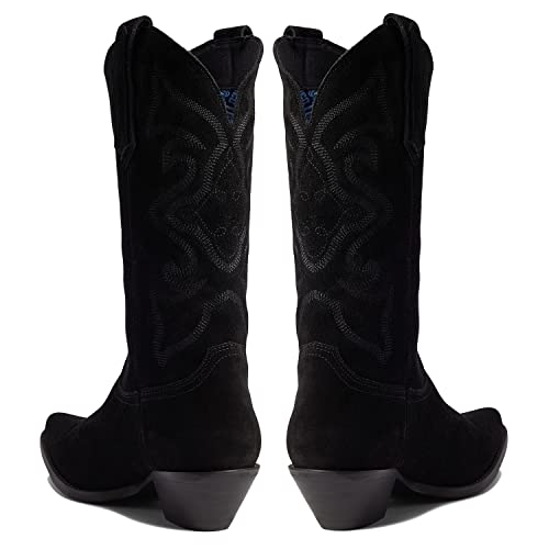 Image of LEHOOR Cowboy Boots Women Embroidered Mid Calf Western Boots Stacked Low Heel Pointed Toe Pull On Cowgirl Boot 4-11 M US