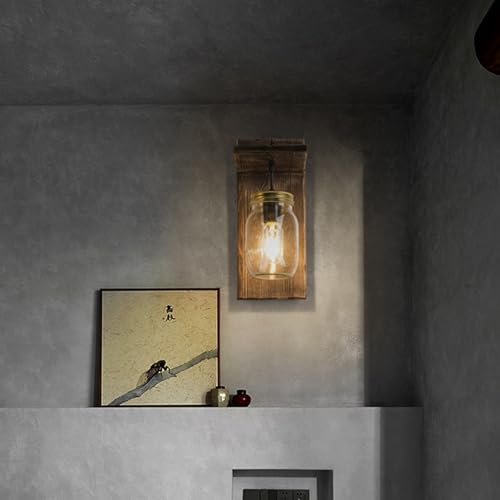 TZSMUM E27 Industrial Madera Apliques de Pared Vintage Cuerda de Cáñamo Lámpara de Pared Interior Retro Iluminación de Hierro Vidrio para Pasillo Desván Dormitorio (B)