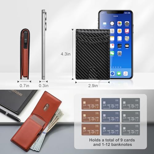 GSG Minimalist wallet for men with cash slot,Pop up wallet with Id window,Slim bifold wallet,RFID Blocking, Leather Slots Credit Card Holder with Gift Box,9-12 Cards,Carbon Fiber Black and Blue3