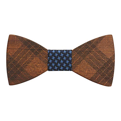 Adult-Sized Red Sandalwood Bow Tie with Plaid Engraving – Blue Woven Center