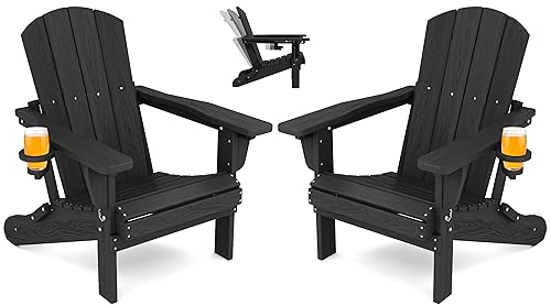 SERWALL Folding Adirondack Chair Set of 2 Adjustable Adirondack Chair with 3 Recline Positions All Weather HDPE Outdoor Adirondack with Cup Holders Black