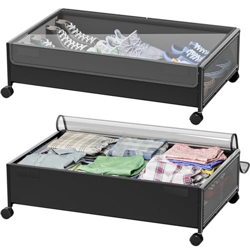 HYEIXZ Under Bed Storage with Wheels - 2 Pack UnderBed Organiser Bag Rolling Metal Frame Clear Home Bedroom Wardrobe Storage Bin for Clothes Shoes Toys Blankets Black