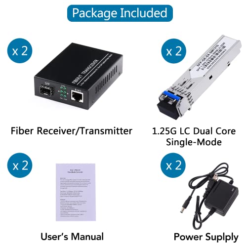 Image of 2 Pack 1.25G /s Bidi Gigabit Single-Mode Fiber to Ethernet Media Converter with 2PCS Bidi SFP LC Dual Transceiver Module Included, 10 /100 /1000Base-Tx to 1000Base-LX SMF RJ45 to SFP Slot up to 550M