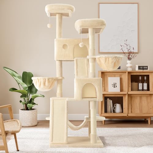 Image of Allewie 65in Multi-Level Tall Cat Tree for Indoor Kitties /Larger Tower with Wide Base /Cozy Plush ‌Pussycat Perches /Cat Condo with Hammock /Sisal Scratching Posts /Beige