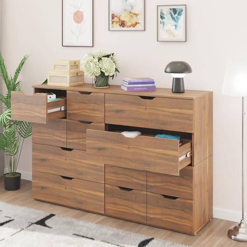 Image of VIKI Dresser | Big Drawer Unit, Varnik Chest of 12 Drawers,Clothes Storage, Organizer Unit for Bedroom, Hallway, Easy Pull Drawers, (Brussel Walnut - 44D x 160W x 106H) | 1 Year Warranty
