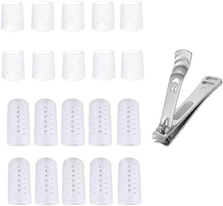 20Pcs Silicone Toe Protector Set (10Pcs Pinky Toe Sleeves +10Pcs Big Toe Caps) + Stainless Steel Nail Clipper, Gel Toe Cushions for Blisters, Corns, Hammer Toes & Damaged Toenails