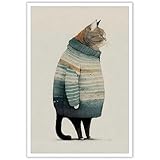 Funny Fat Gray Cat Canvas Wall Art Cute Cat In Sweater Posters Minimalistic Animals Prints Painting Feline Winter Wall Wall Art For Home Bedroom Dorm Wall Decor 8X10in Unframed