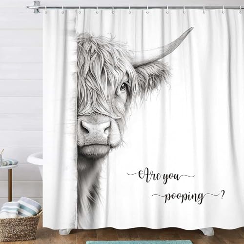 JAWO Funny Highland Cow Shower Curtain Modern Rustic Farmhouse Cow Waterproof Bath Curtain Cute Animal Fun Art Bathroom Decor 72X72 INCH with Hooks