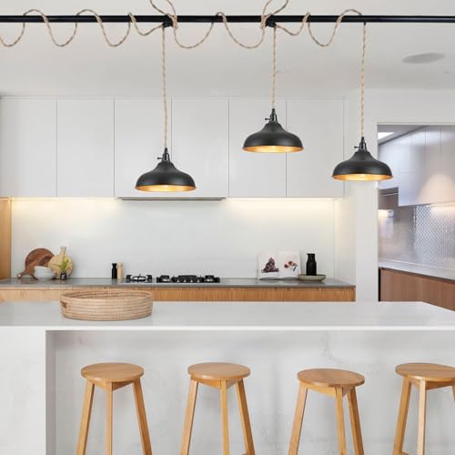 Image of 3 Light Plug in Pendant Lights Dome Hanging Lamp with Switch 22 Ft Long Hemp Rope Farmhouse Pndant Light Cord Lighting Fixture DIY Hanging Light