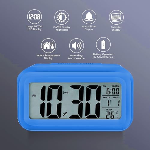 Image of Casa Copenhagen Digital Alarm Clock Table Clock for Students, Home, Office, Corporate with Automatic Sensor, Date & Temperature - Blue