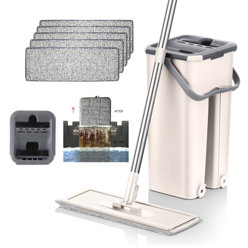 Mopa para Limpiar Azulejos Paredes Suelos Mopa Fregona con Cubo Escurridor Fregona Plana Cubo con 6 Almohadillas Autoescurrible Parquet Madera Ventanas Mop Bucket Trapeadora Gamuza