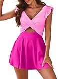 Aleumdr Women Cutout One Piece Skirt Swimsuit V Neck Wrap Swimdress Tummy Control Bathing Suit Pink Color Block X-Large