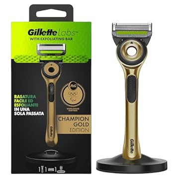 Gillette Labs Con Barra Integrata, Rasoio Barba Manuale, 1 Manico, 1 Lamette Gillette di Ricambio, Con Base Magnetica, Edizione Dei Campioni, Oro, Rasoio Barba e Lamette Di Ricambio