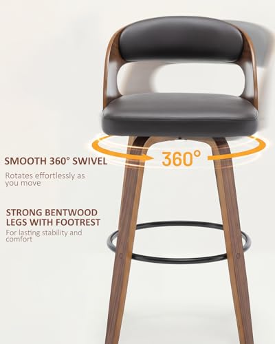 Image of AQG Swivel Bar stools Set of 2 Bar Chairs 26 inch Counter Height Mid-Century Modern Bentwood Barstool PU Leather Upholstered Bar Chair with Back and Footrest, for Bar, Cafe, Dining, Kitchen Island, Brown