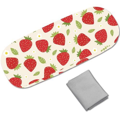 CREATCABIN Estojo de couro de morango, capa rígida para óculos de sol, porta-óculos de sol, portátil, bolsa de armazenamento de óculos, capa protetora de concha pano de limpeza para mulheres e homens