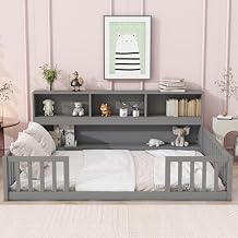 Lakifun Full Size Floor Bed with Side Bookcase and Fence for Kids,Montessori Floor Bed with Shelves and Safety Guardrails,Solid Wood Full Bed Frame for Girls Boys,Grey