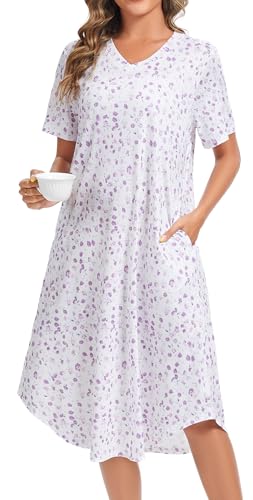 Image of Kabento Nightgowns for Women Cotton Short Sleeve Long Night Gowns with Pockets