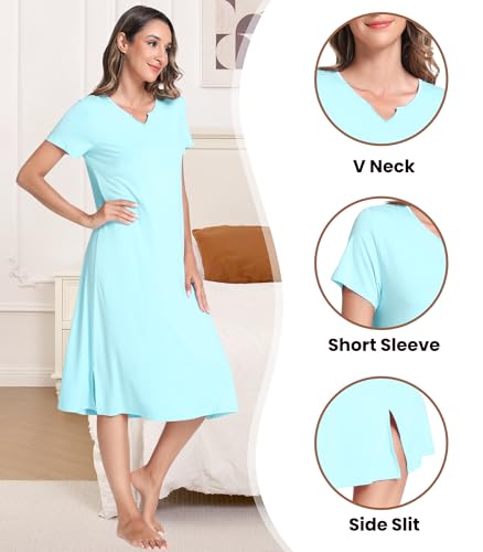 Image of NACHILA Women's Nightgowns-Viscose Made from Bamboo, Short Sleeve Sleepshirts V Neck Night Dress Cool Sleepwear