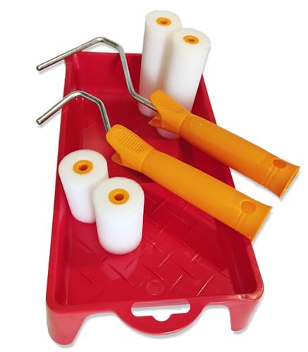 Quercos Malerset 7 Teilig zum Lackieren von Möbeln und Kleinflächen - 2 x Polyurethan Farbrollen 11 cm + 2 x Schaumstoffrolle 5 cm -2 Farbrollengriff & 1 x Farbwanne Medium. Farbroller Set