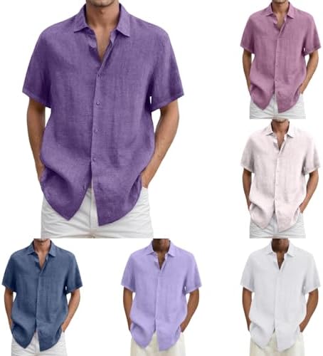 Linen Shirts for Men, Short Sleeve Button Down Summer Tops Lapel Casual Loose Fit Beach Vacation Shirt 2026