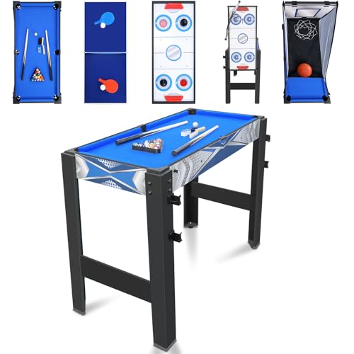 HLC 5-in-1 Multispiel-Tisch: Tischtennis, Billard, Bogenschießen, Gleithockey, Basketball - Kombinations-Spieltisch für Kinder - Blau - MDF - 92 x 46 x 73 cm