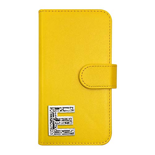 sslink iPhone17 Pro Max アイフォン17プロマックス 対応 ケース 手帳型 イニシャル E キラキラ ワッペン アルファベット デコ キラキラ (イエロー) ダイアリータイプ 横開き カード収納 フリップ カバー スマートフォン