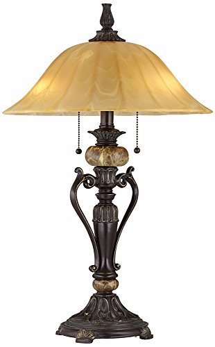 Kathy Ireland 22790 Amor Traditional Vintage Table Lamp 26 Inch High Bronze Brown Marble Flared Alabaster Champagne Glass Shade Decor thumb #3