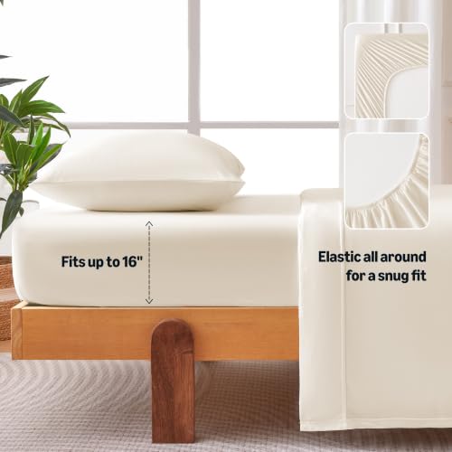 Image of Amazon Basics Jersey Knit 3-Piece Sheet Set, Wrinkle Resistant and Easy Fit, Includes 16 inch Deep Pocket Fitted Sheet, 1 Flat Sheet and 1 Pillowcase, Twin, Ivory White