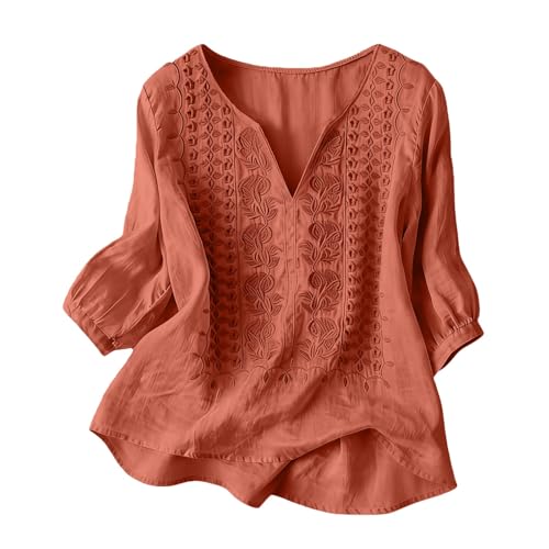 Spring Tops for Women 2026 Trendy Embroidered Tops for Women 3/4 Sleeve Boho Cotton Linen Shirts Plus Size V Neck Tunic Peasant Blouses Orange XXL